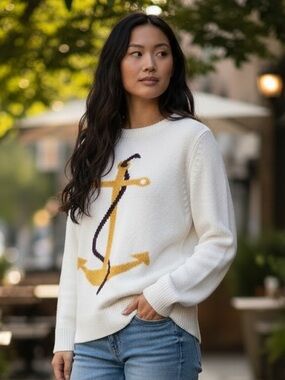 NAUTICAL WHITE SWEATER WITH GOLD & BLACK ANCHOR MOTIFF COTTON KNIT SZ L